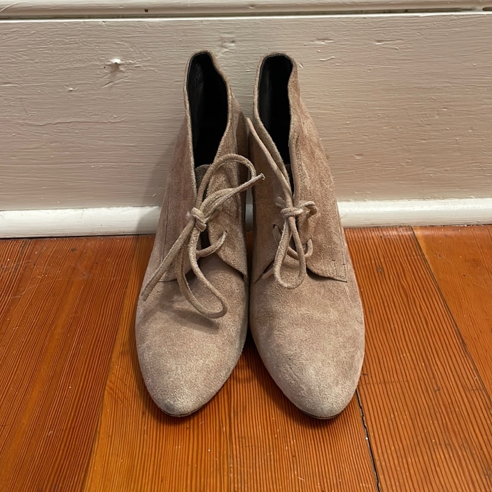 Blush suede wedge booties.  Size 38.5 Barney’s co-op